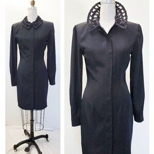 Young Edwardian Womens Vintage Button Down Dress with Ribbon Cage Trim Collar